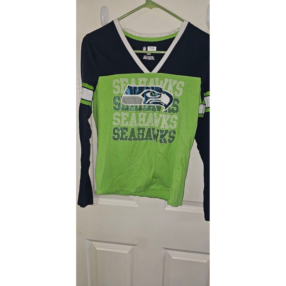 Women's NFL Team Apparel Seahawks Long Sleeve Tee V Neck M Green Navy‎ Blue